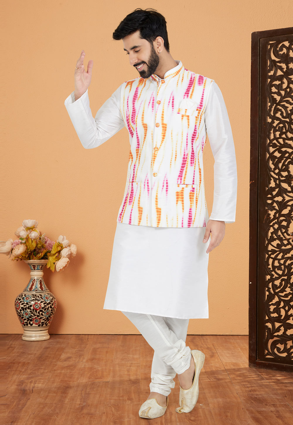 White Banarasi Kurta Pajama With Jacket 269016