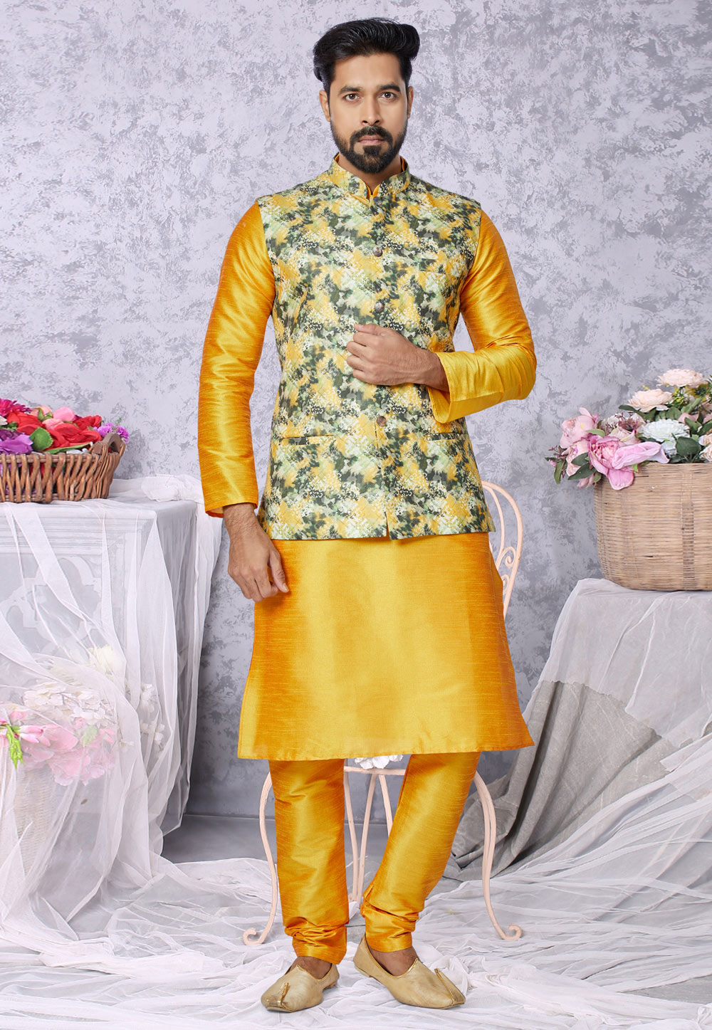 Mustard Banarasi Kurta Pajama With Jacket 269017