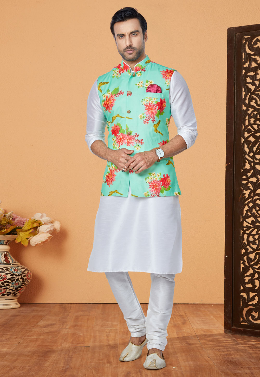 White Banarasi Kurta Pajama With Jacket 269018