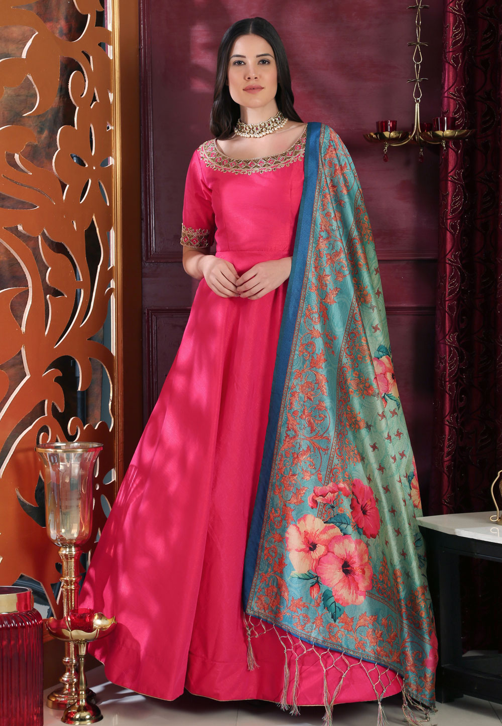 Beautiful Party Wear Indian Gown With Dupatta - Evilato