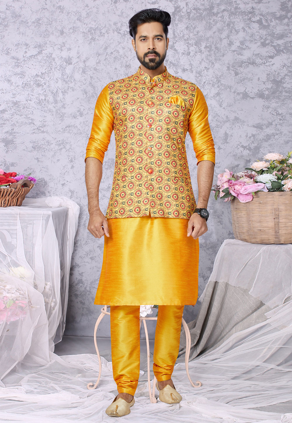 Mustard Banarasi Kurta Pajama With Jacket 269019