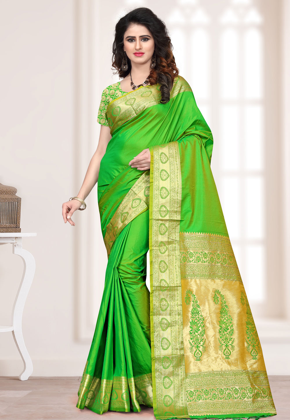Green Banarasi Silk Saree With Blouse 154435