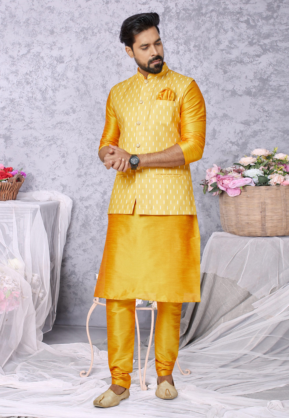 Mustard Banarasi Kurta Pajama With Jacket 269021