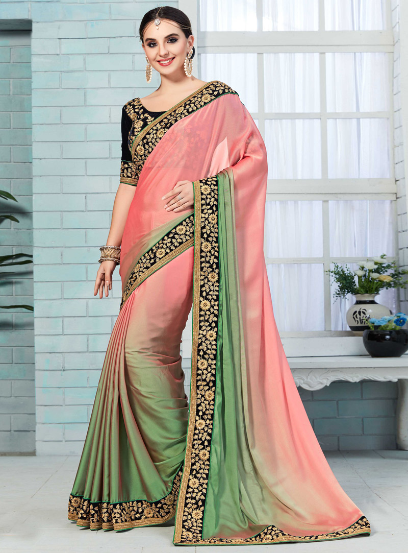 Pink Crepe Patch Lace Work Saree 93667
