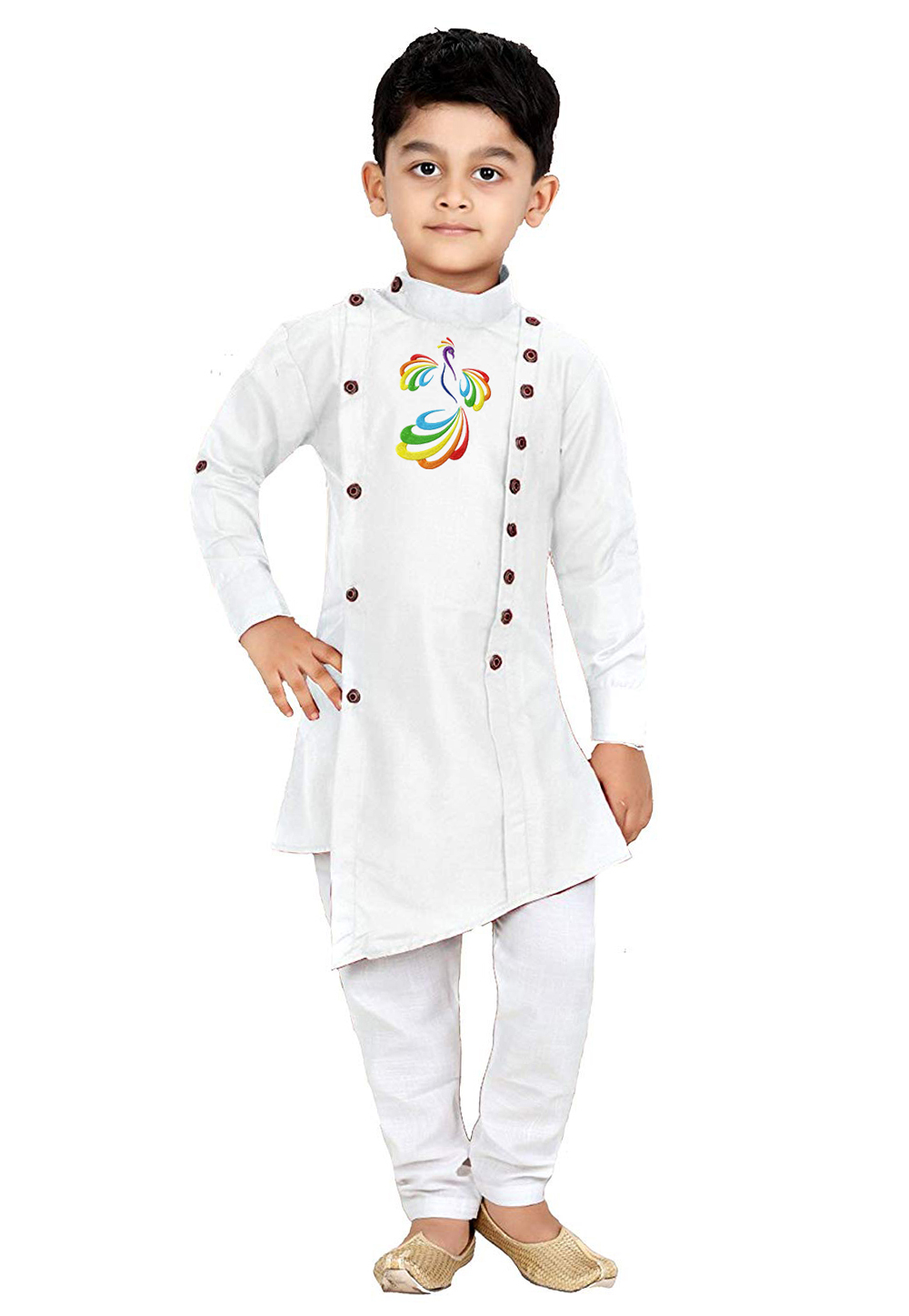White Dupion Silk Readymade Kids Kurta Pajama 236148