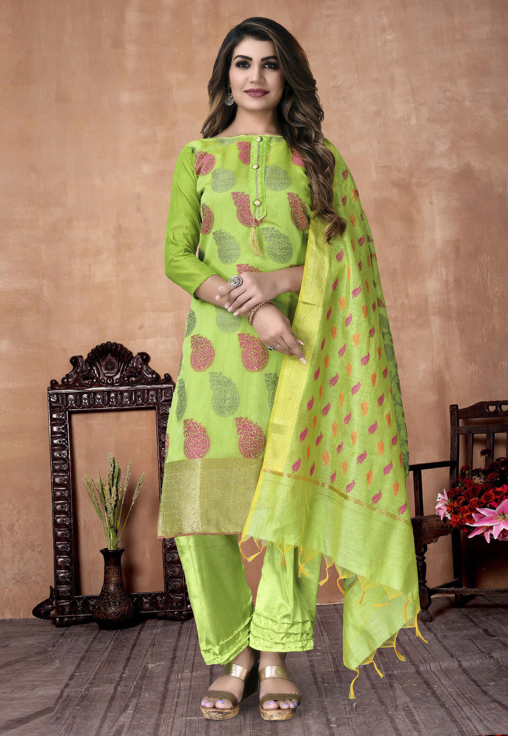 Light Green Banarasi Jacquard Palazzo Suit 246901