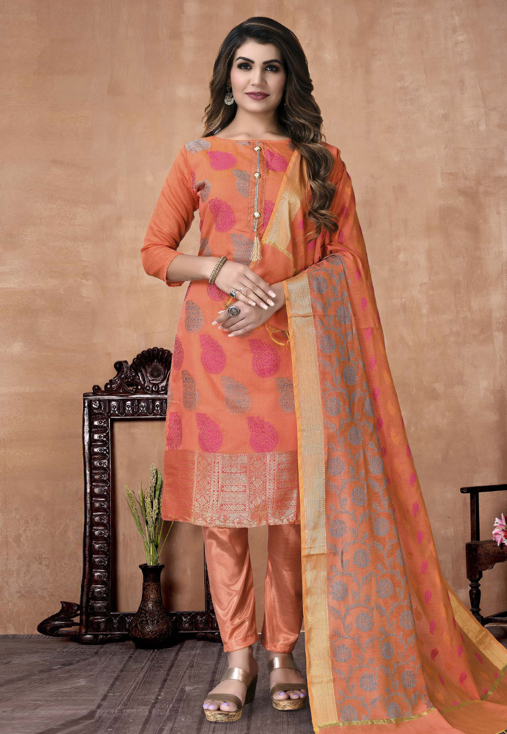 Peach Banarasi Jacquard Pant Style Suit 246904