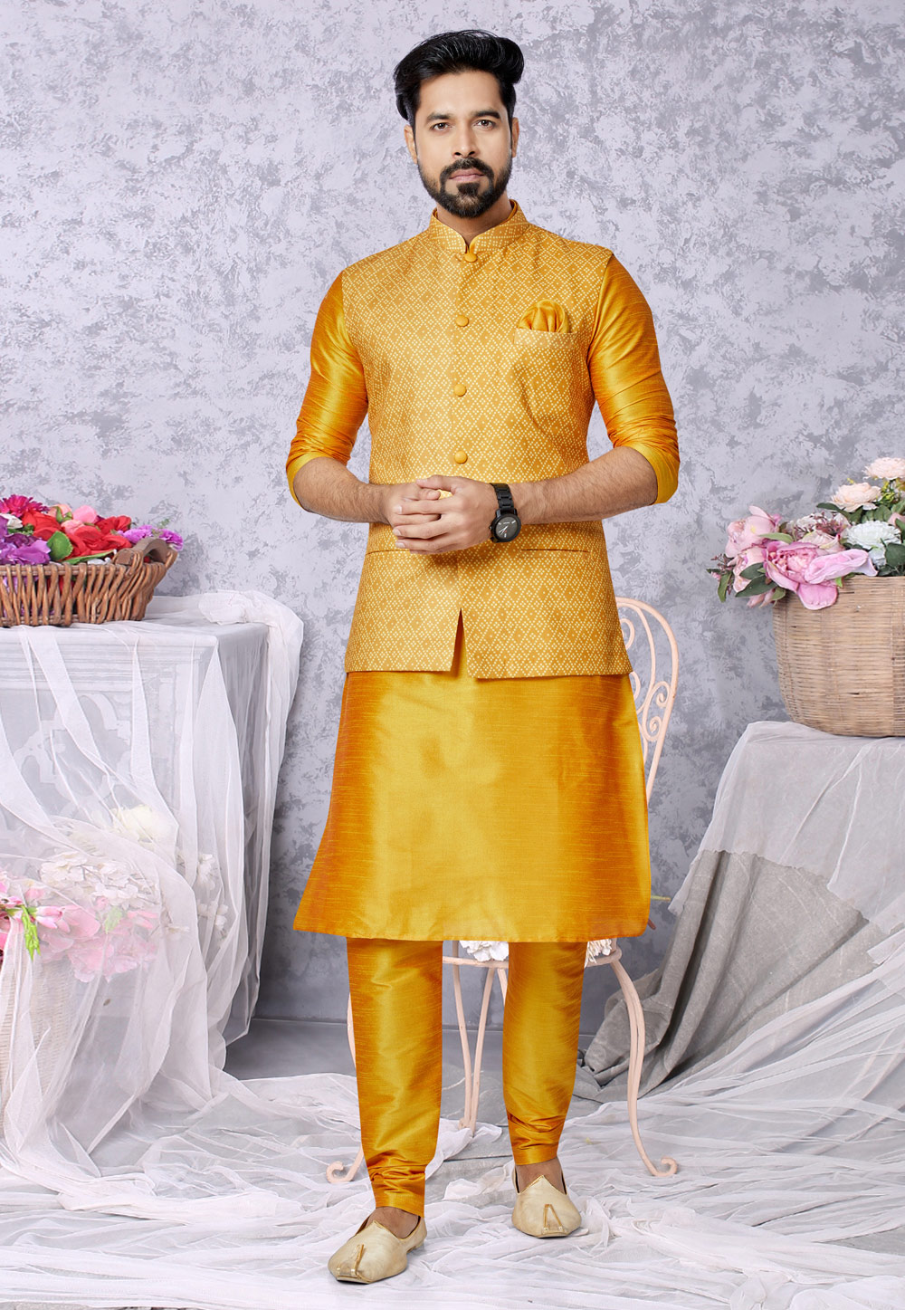 Mustard Banarasi Kurta Pajama With Jacket 269022