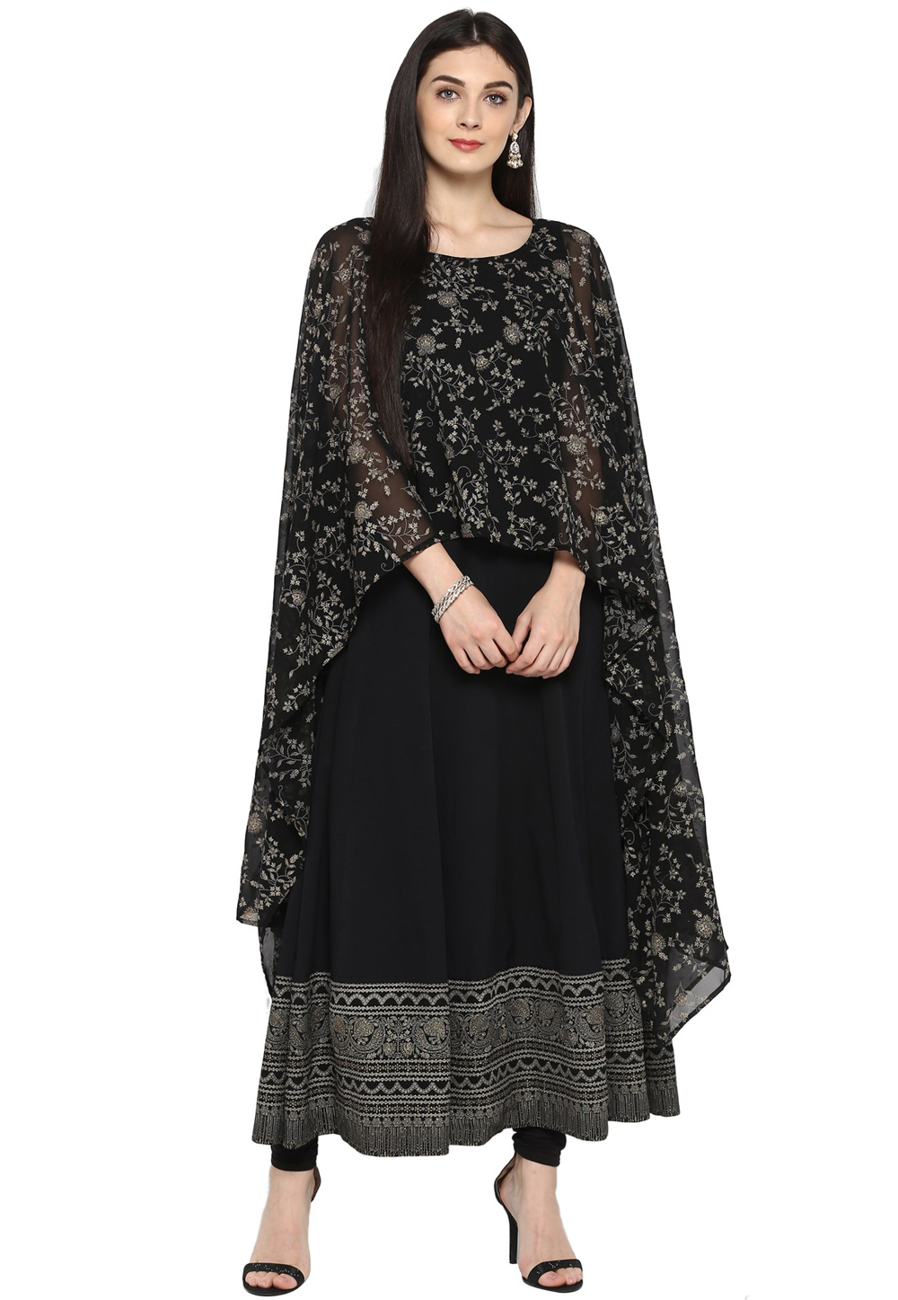 Black Georgette Readymade Gown With Cape 176619