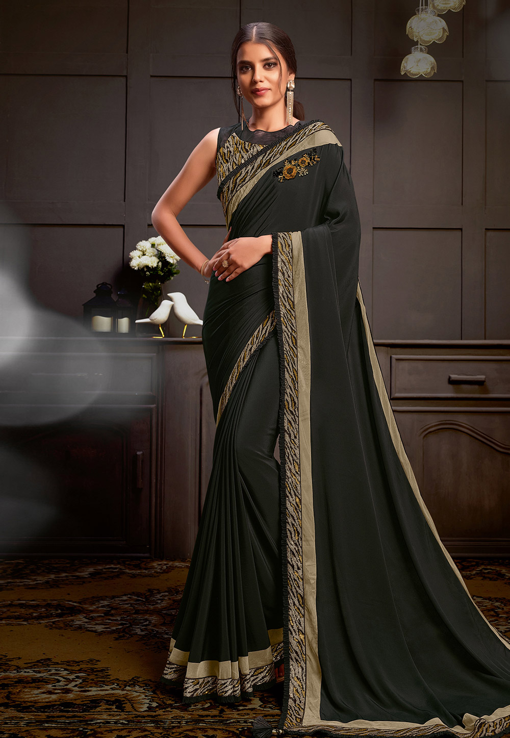 Black Satin Georgette Saree With Blouse 218350