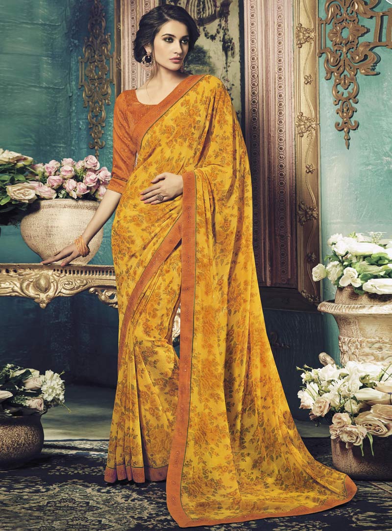 Yellow Chiffon Printed Saree With Blouse 85250