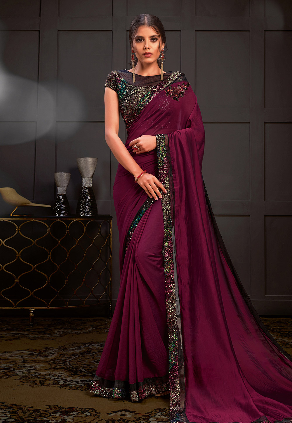 Magenta Silk Georgette Party Wear Saree With Blouse 218354