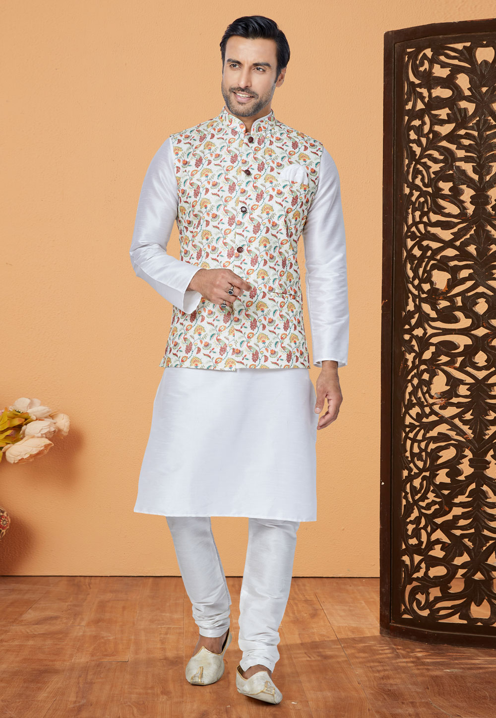 White Banarasi Kurta Pajama With Jacket 269024