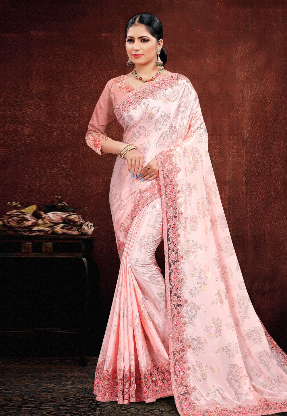 Light Pink Satin Saree With Blouse 202955