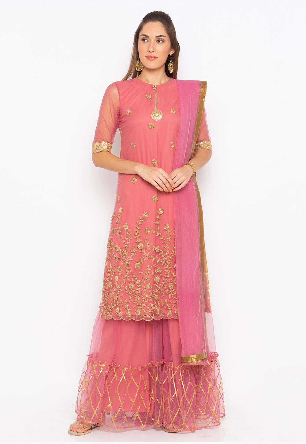 Pink Net Readymade Sharara Suit 223506