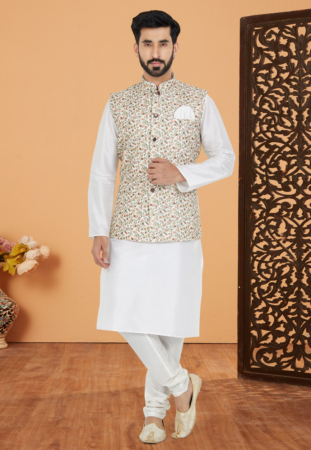 White Banarasi Kurta Pajama With Jacket 269026