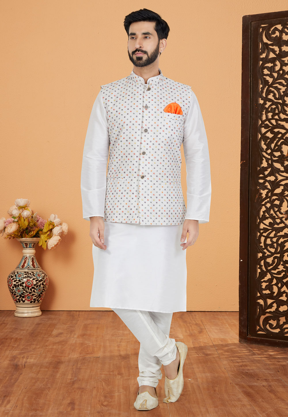 White Banarasi Kurta Pajama With Jacket 269027