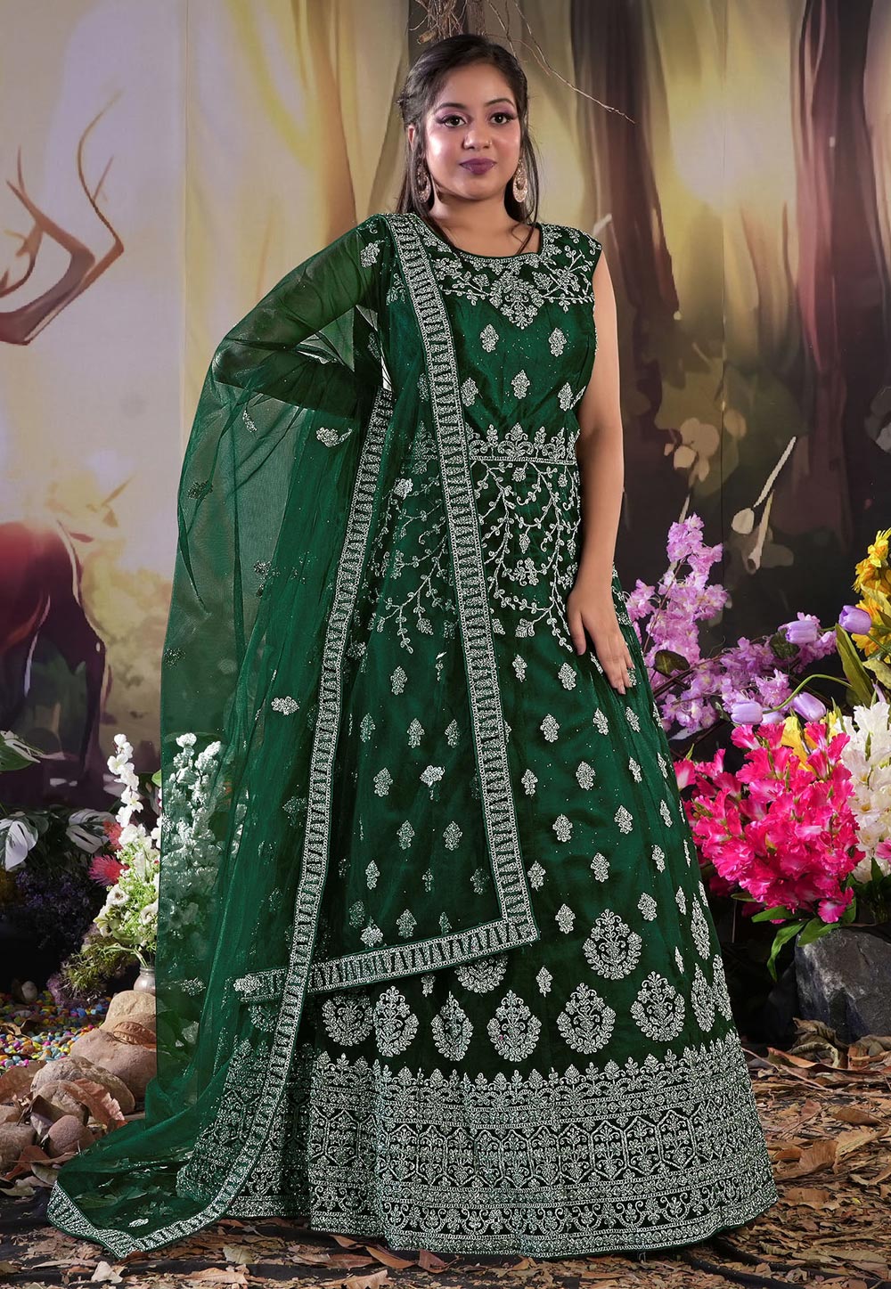 Green Net Readymade Abaya Style Anarkali Suit 271459