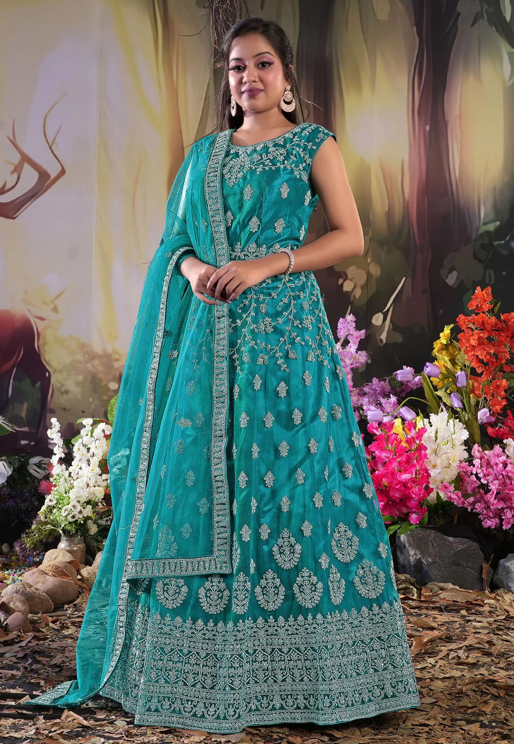 Turquoise Net Readymade Long Anarkali Suit 271460