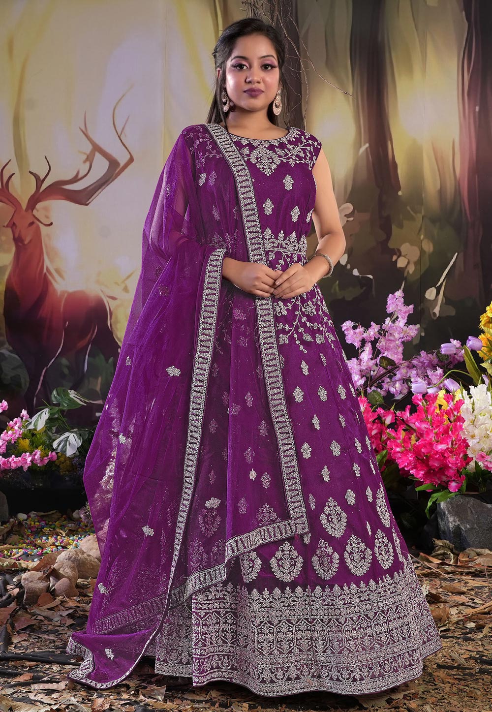 Purple Net Readymade Long Anarkali Suit 271462