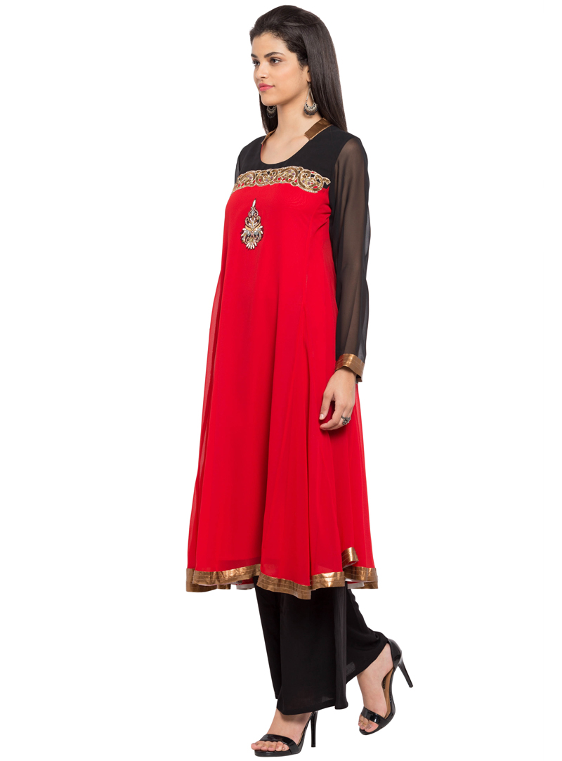 Red Georgette Readymade Palazzo Style Suit 93833