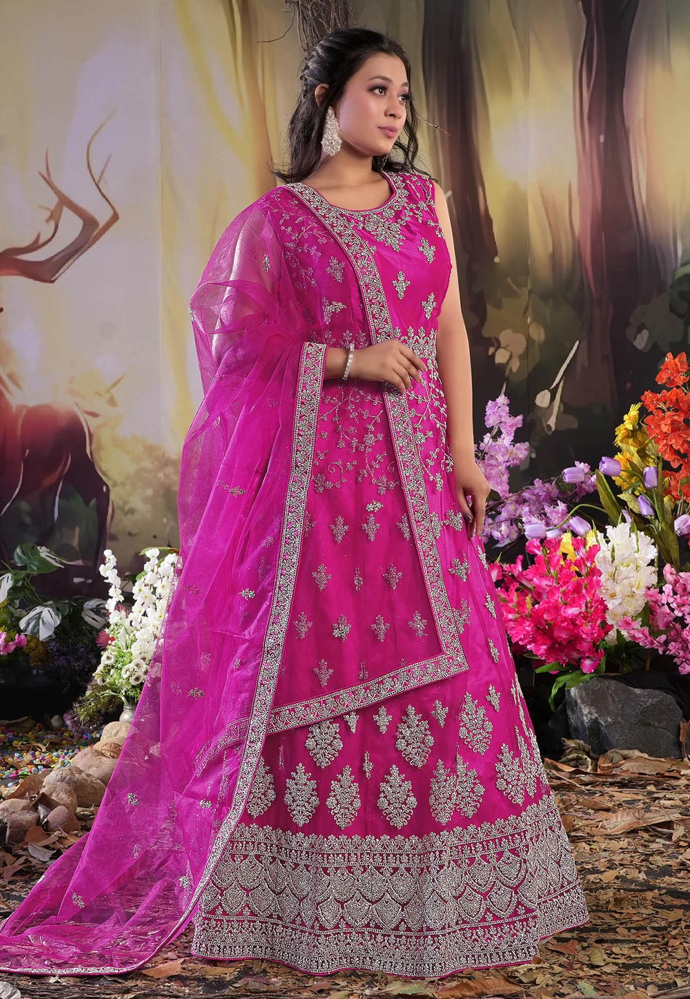 Magenta Net Readymade Abaya Style Anarkali Suit 271463
