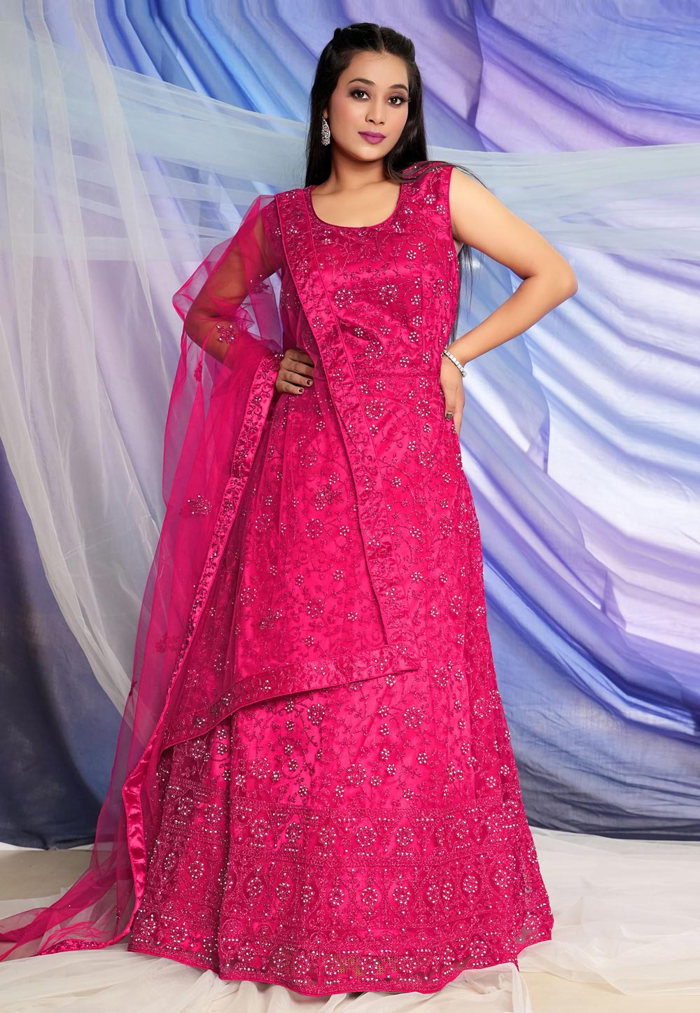 Magenta Net Readymade Abaya Style Anarkali Suit 271465
