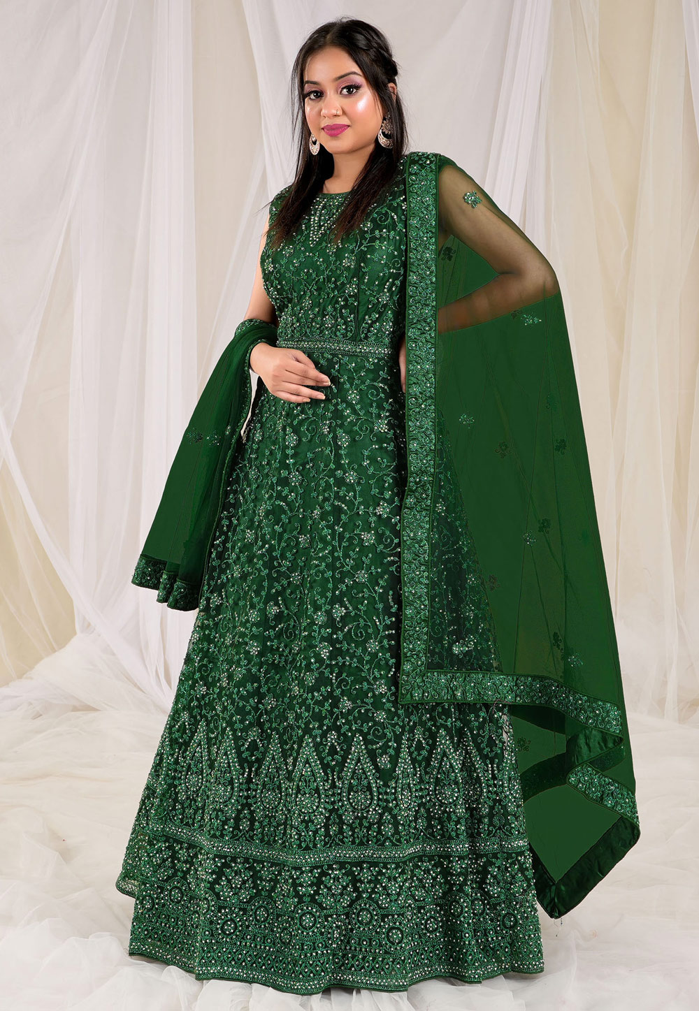 Green Net Readymade Abaya Style Anarkali Suit 271467