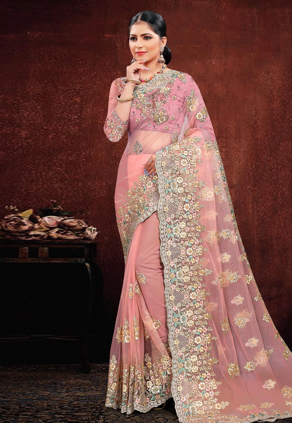 Pink Net Saree With Blouse 202960