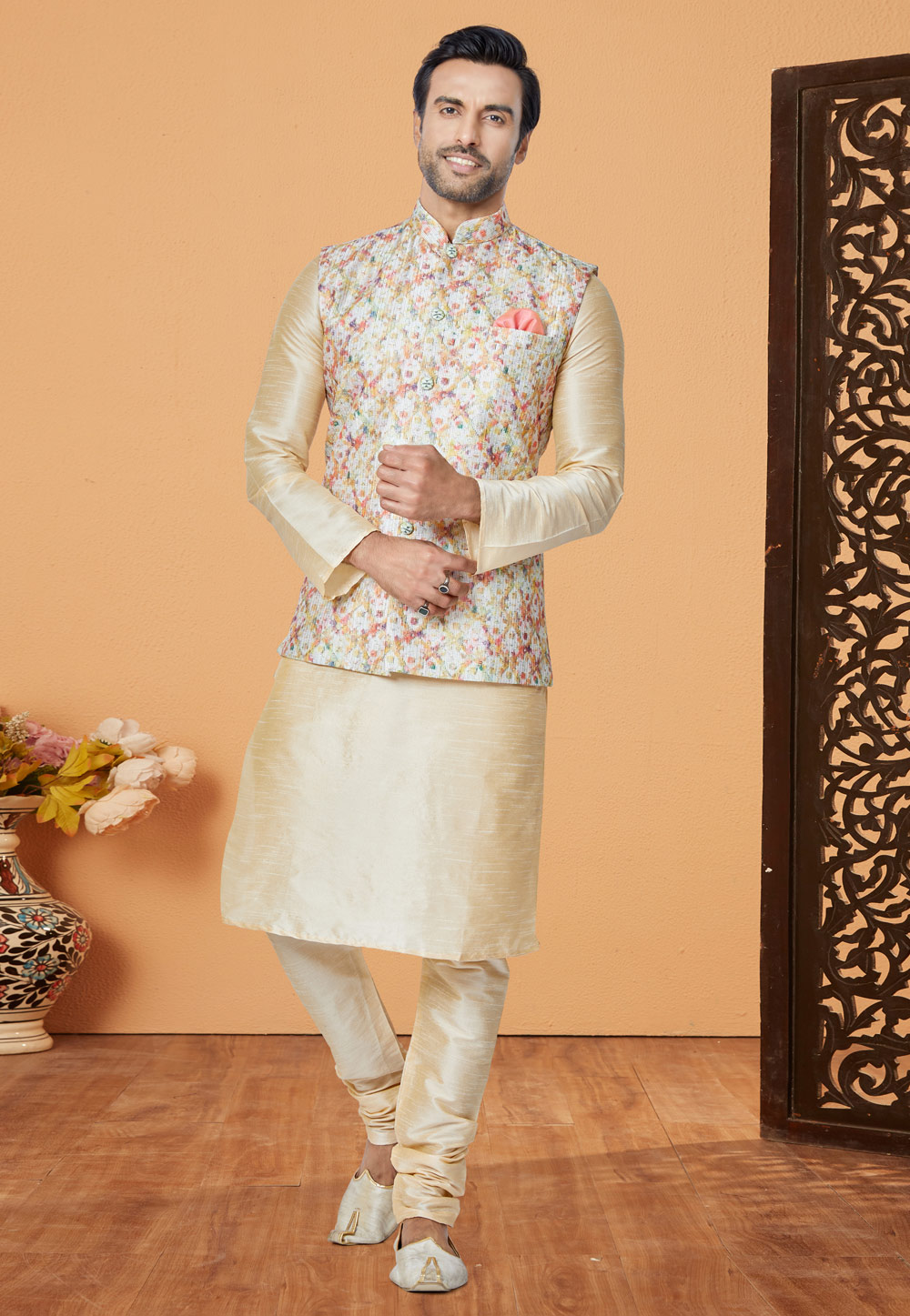 Cream Banarasi Kurta Pajama With Jacket 269030
