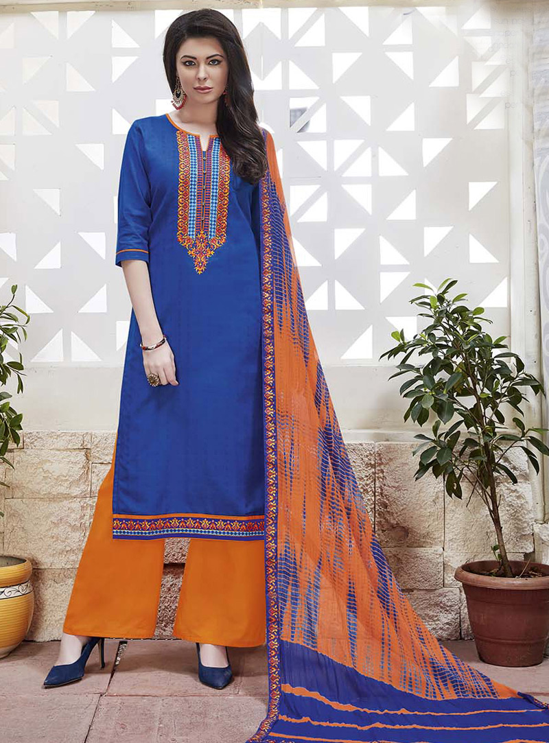 Blue Cambric Cotton Palazzo Style Suit 93813