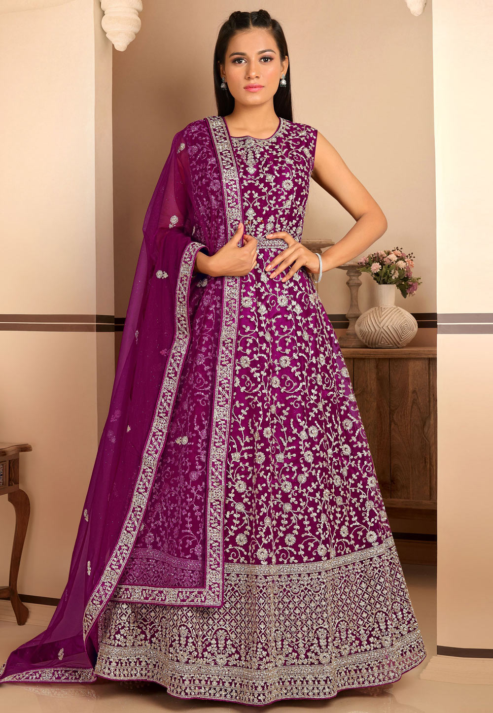 Purple Net Long Anarkali Suit 278003