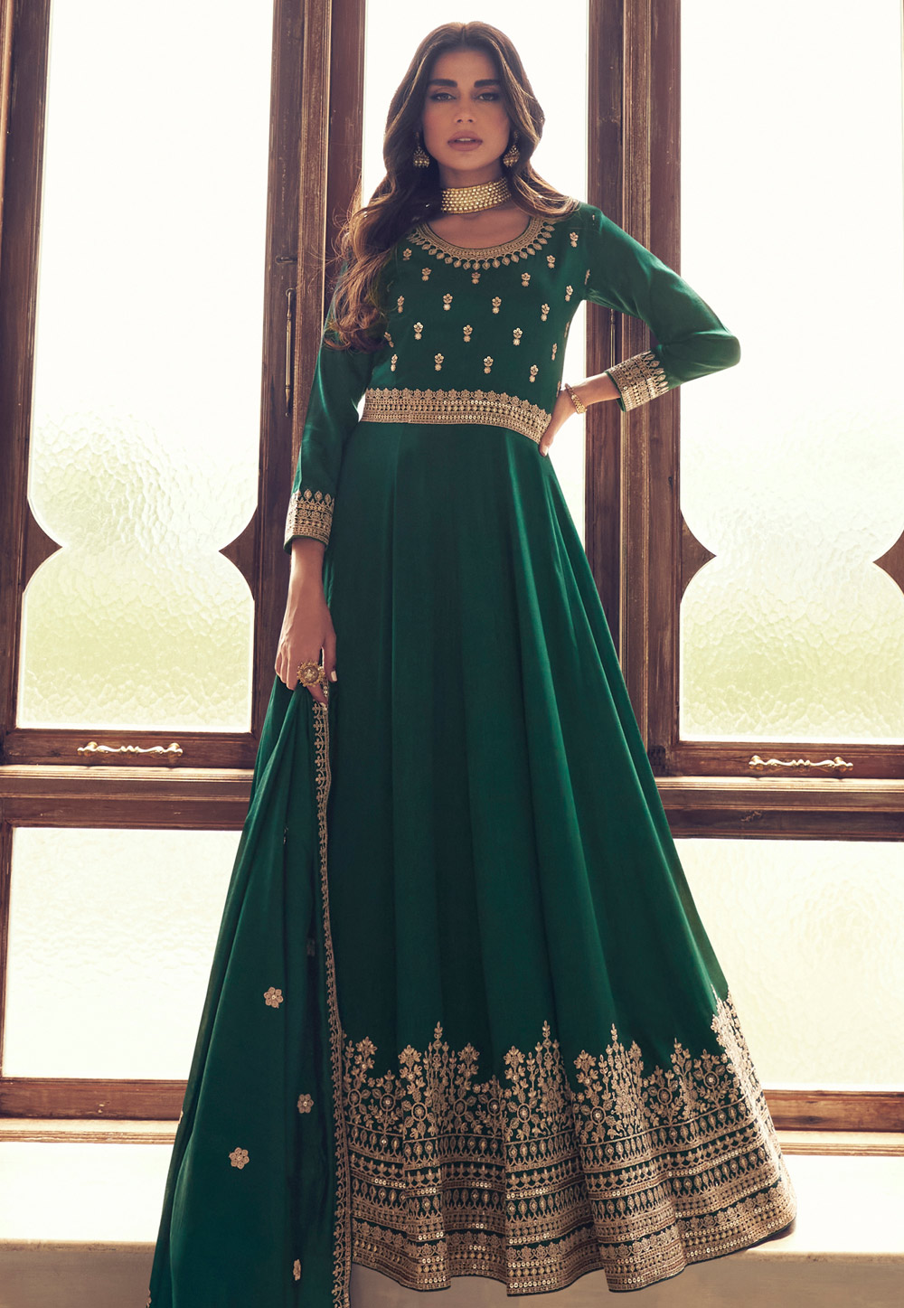 Green Silk Abaya Style Anarkali Suit 269179