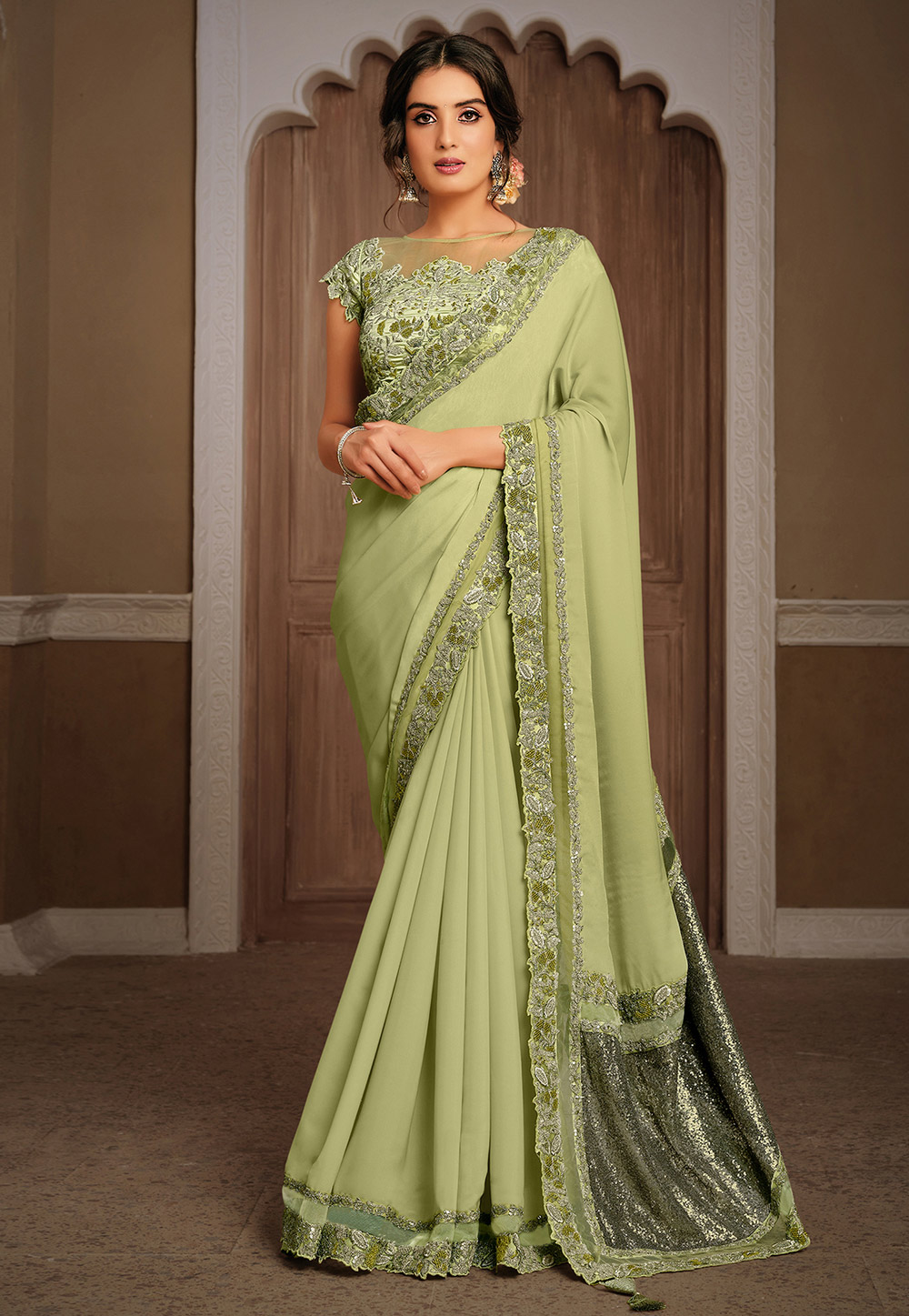 Light Green Silk Party Wear Saree 219605