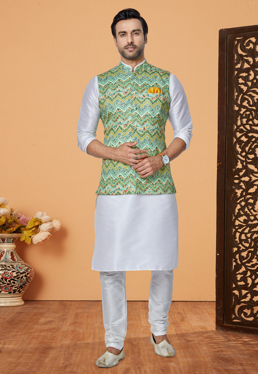 White Banarasi Kurta Pajama With Jacket 269033