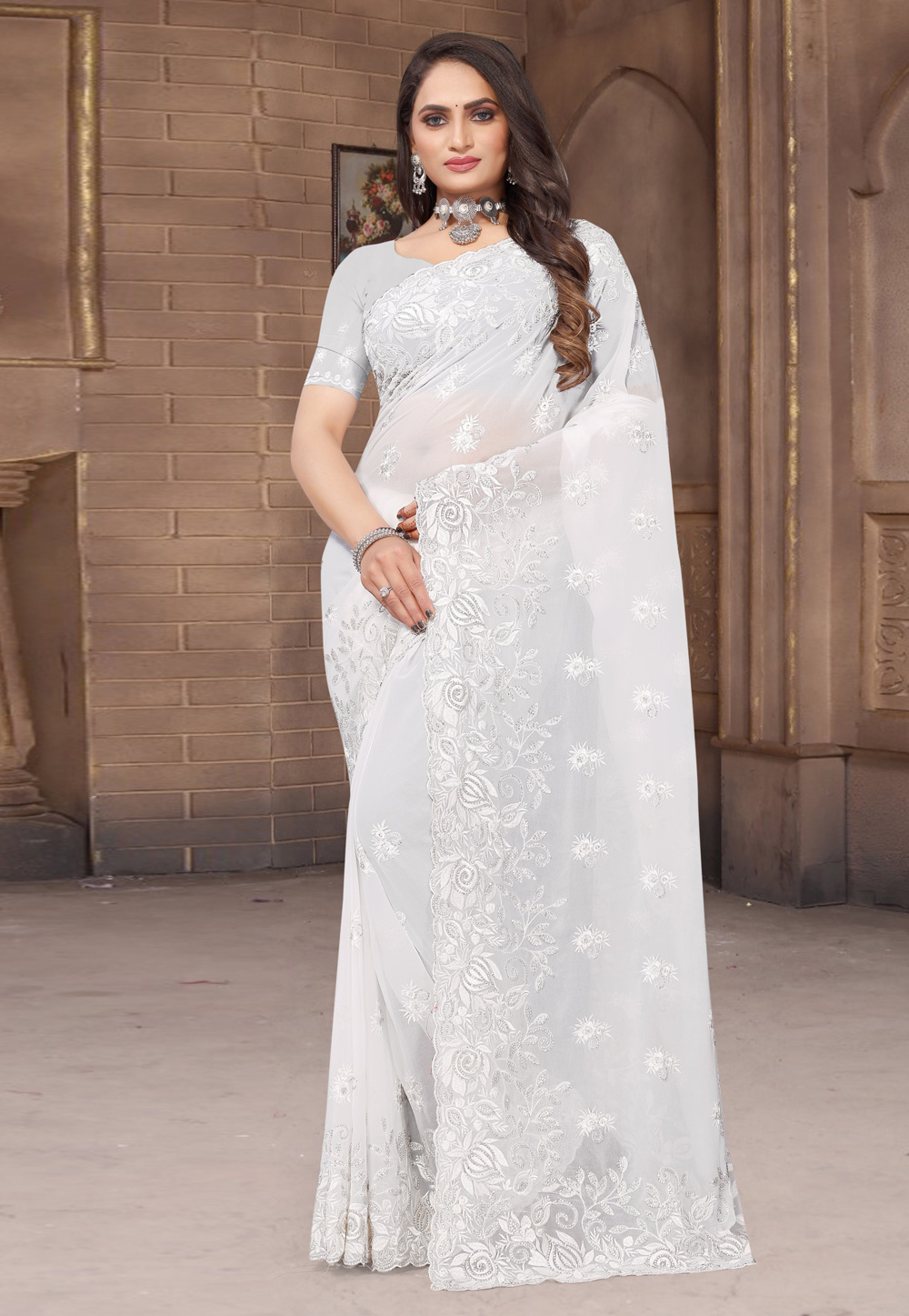 Pearl White Georgette Saree with Sequins and Thread Work - Monastoor-  Indian ethnical dress collections with more than 1500+ fashionable indian  traditional dresses and ethnical jewelleries.