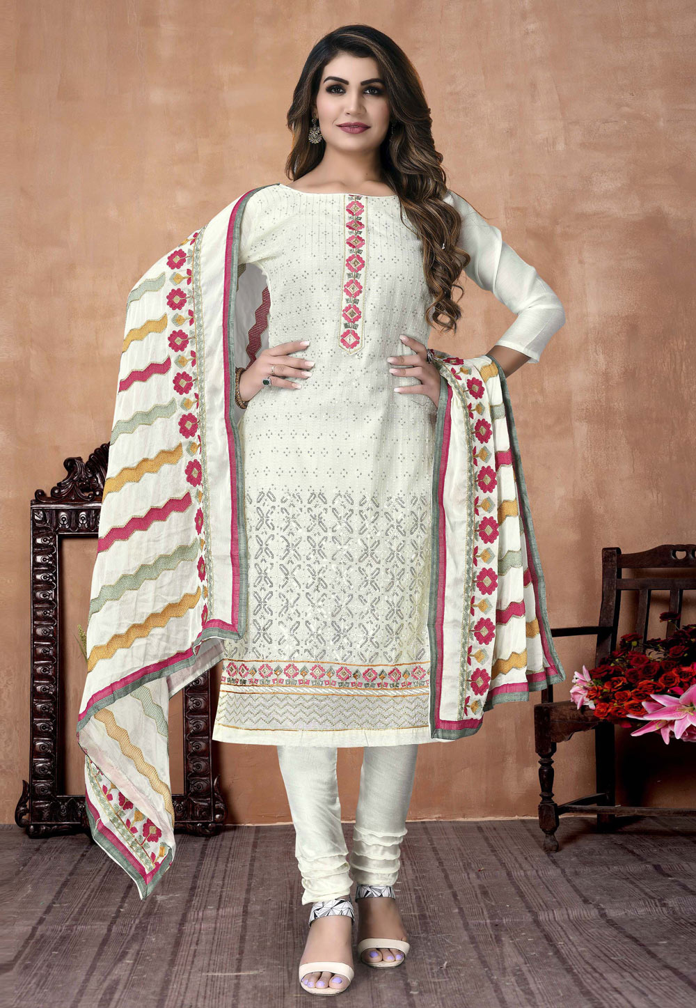 Off White Chanderi Cotton Kameez With Pant 246905