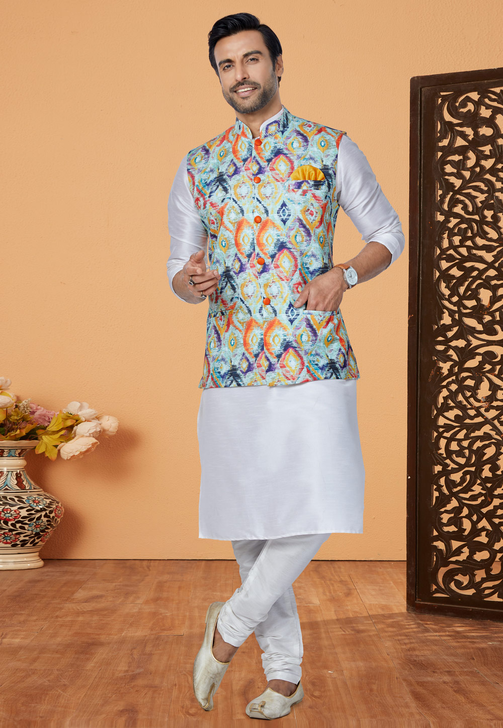 White Banarasi Kurta Pajama With Jacket 269036