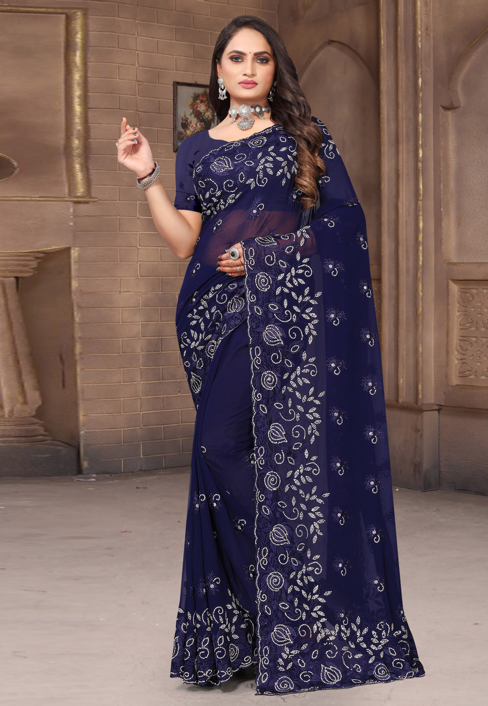Navy Blue Georgette Saree With Blouse 277168