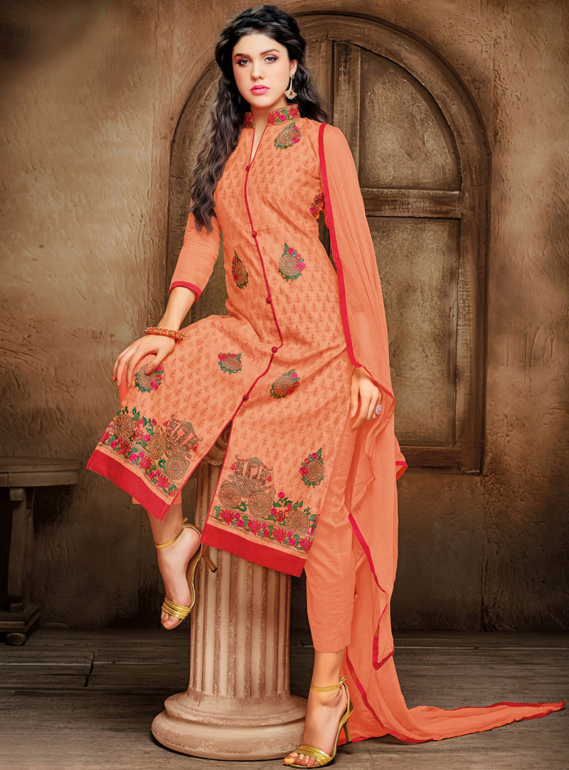 Orange Chanderi Straight Cut Pakistani Style Suit 93852