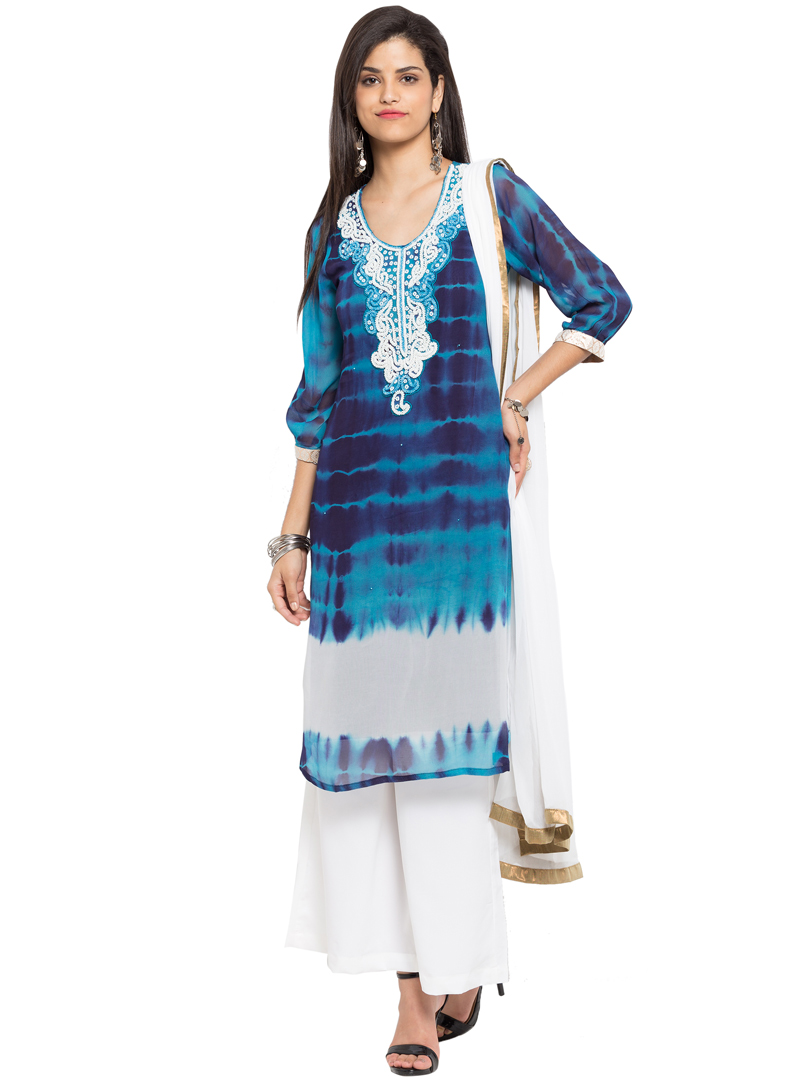 Blue Faux Georgette Readymade Palazzo Style Suit 97049