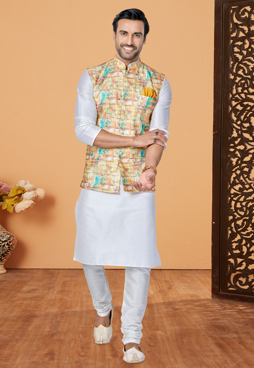 White Banarasi Kurta Pajama With Jacket 269038