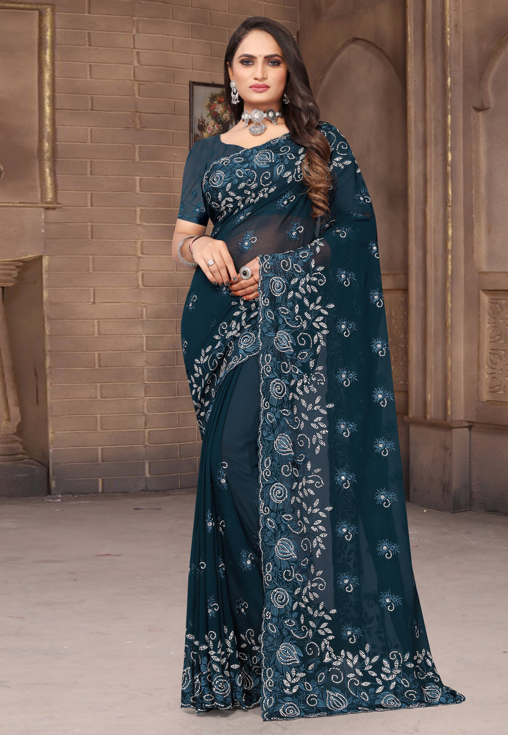 Teal Georgette Saree With Blouse 277170