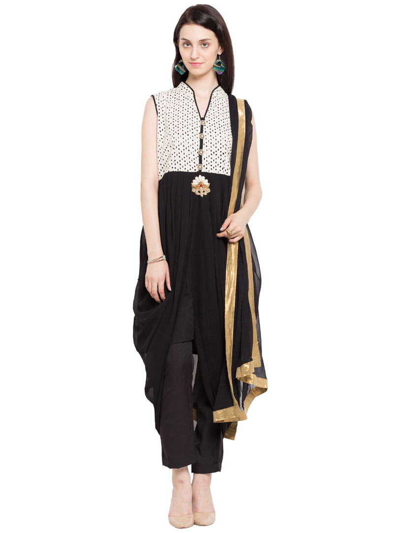 Black Faux Georgette Readymade Pant Style Suit 97058