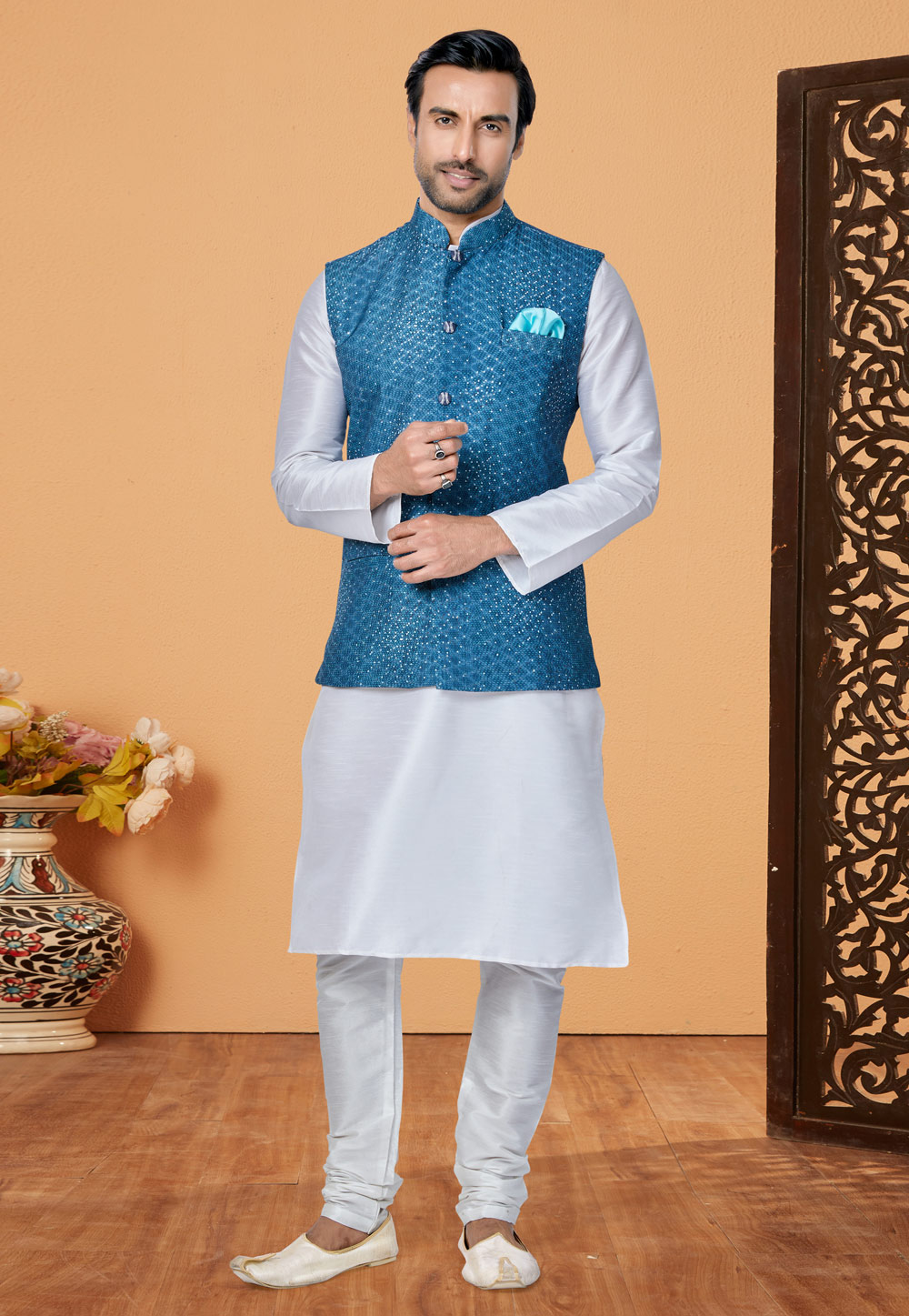 White Banarasi Kurta Pajama With Jacket 269039