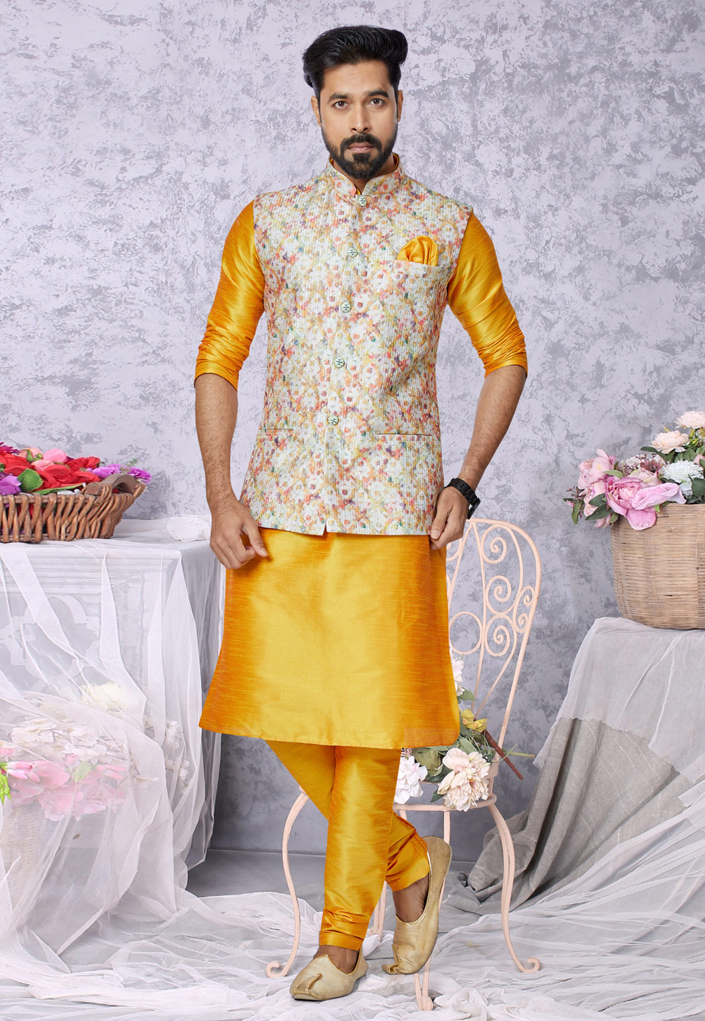 Mustard Banarasi Kurta Pajama With Jacket 269040