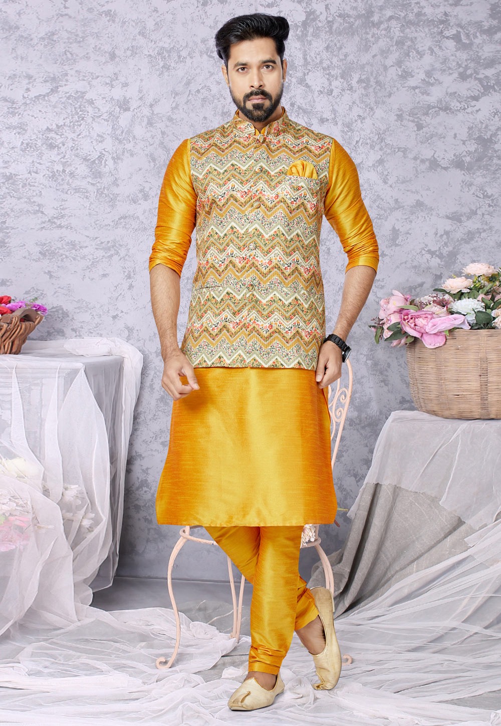 Mustard Banarasi Kurta Pajama With Jacket 269041