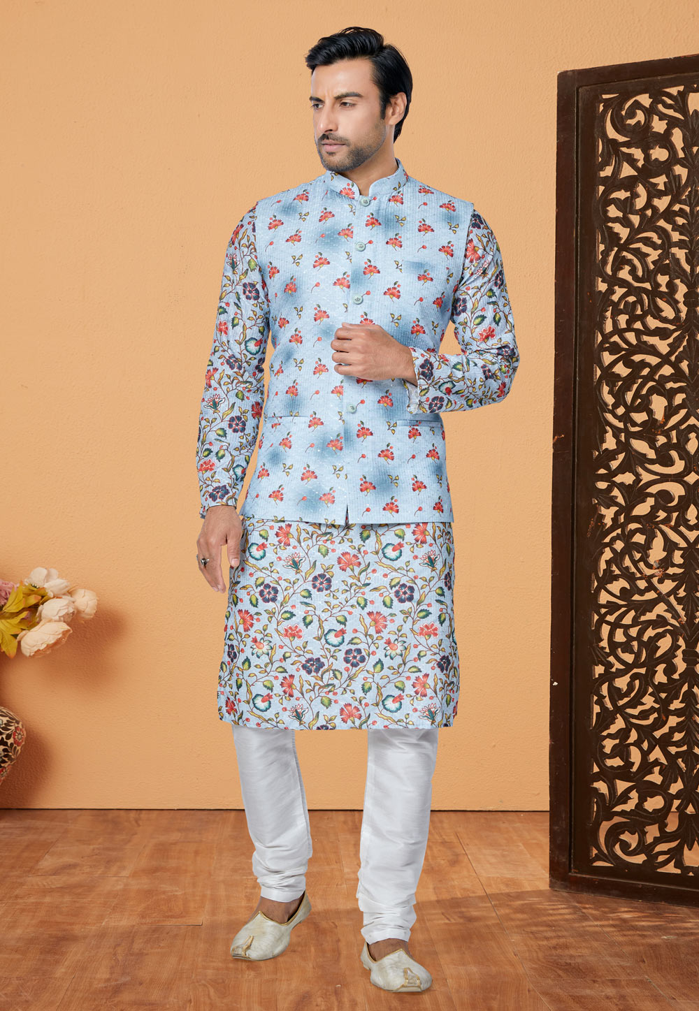 Sky Blue Polyester Kurta Pajama With Jacket 269042