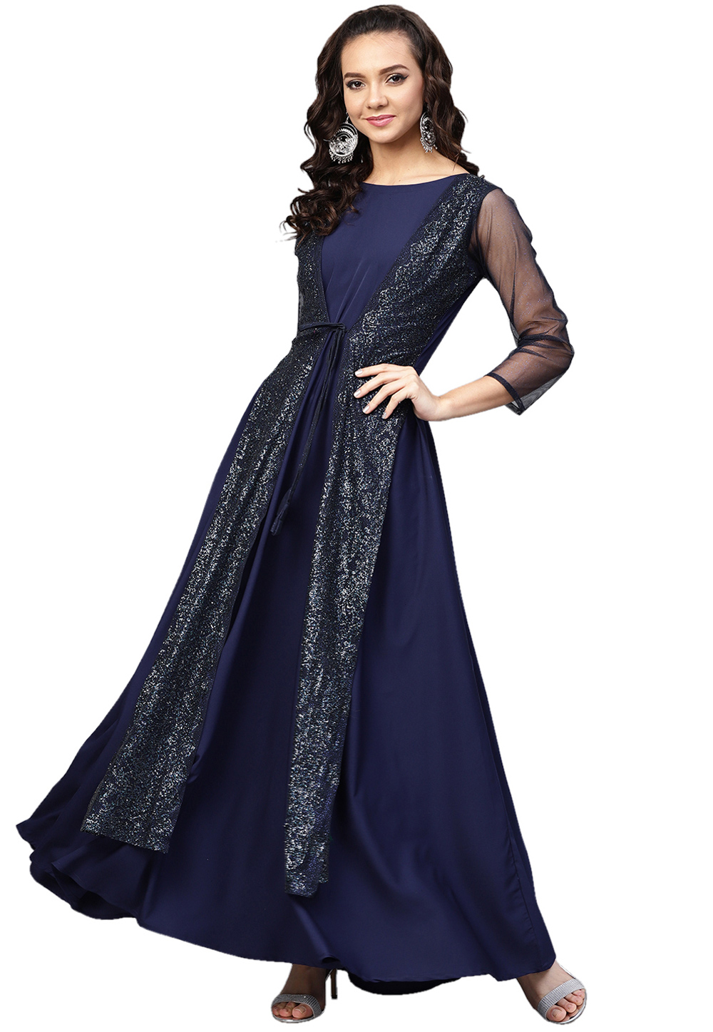 Navy Blue Crepe Readymade Party Wear Gown 176621