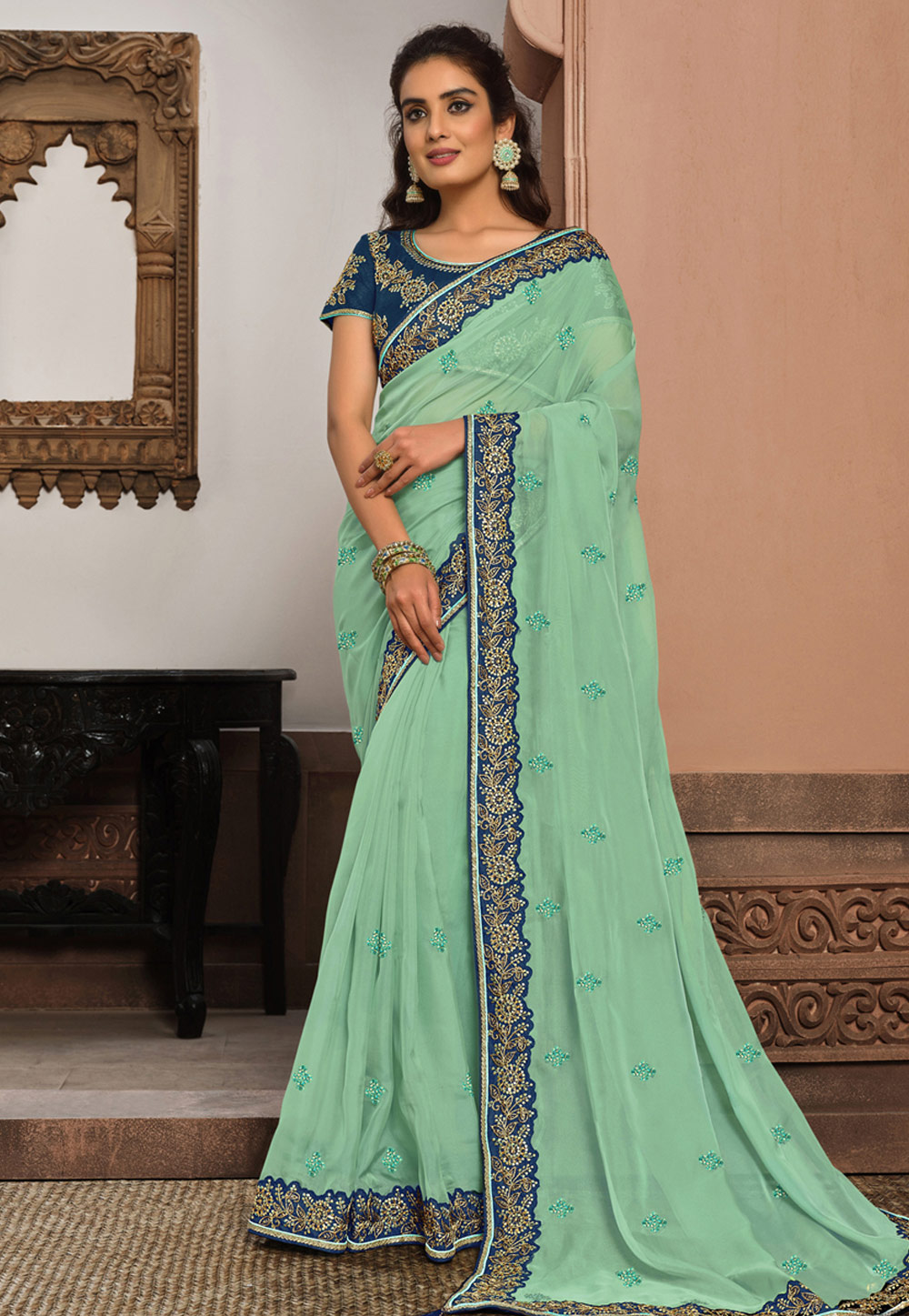 Light Green Tissue Saree With Blouse 229962